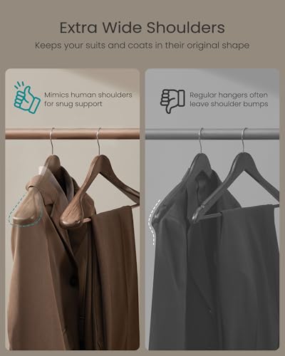 SONGMICS Extra Wide Wooden Suit Hangers, Set of 10 Clothes Hangers, Swivel Hooks, Non-Slip Bars, for Outfits, Suits, Coats, Shirts, Dresses, Walnut Color UCRW050KZ01 - color: Walnut Color