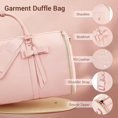 Garment Bags for Travel, Convertible Suit Travel Bag for Women, Stylish Carry On Garment Bag with Toiletry Pocket, Shoulder Strap and Shoes Compartment, 2 in 1 Foldable PU Leather Duffle Bag, Pink - color: Pink