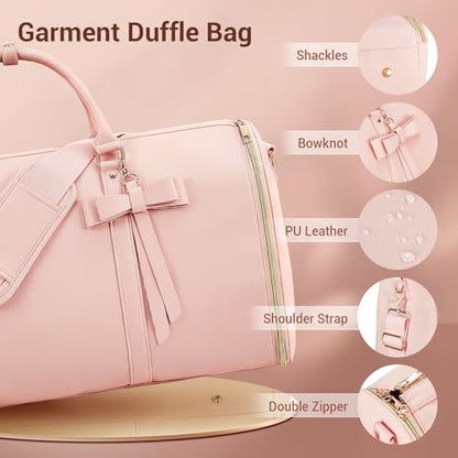 Garment Bags for Travel, Convertible Suit Travel Bag for Women, Stylish Carry On Garment Bag with Toiletry Pocket, Shoulder Strap and Shoes Compartment, 2 in 1 Foldable PU Leather Duffle Bag, Pink - color: Pink