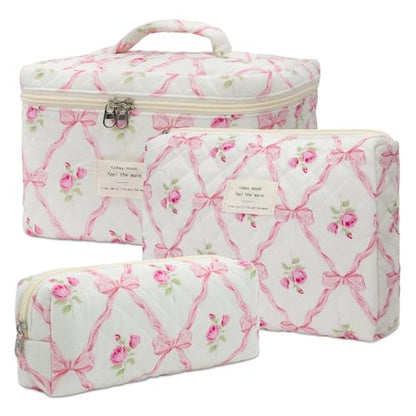 honitty Makeup Bag,Quilted Cosmetic Bag,Large Floral Make Up Bag for Women,Cotton Makeup Bag Set,Flower Travel Toiletry Bag - color: Pink Bow