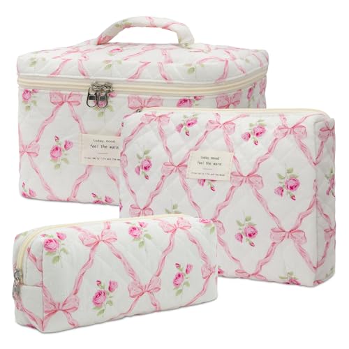 honitty Makeup Bag,Quilted Cosmetic Bag,Large Floral Make Up Bag for Women,Cotton Makeup Bag Set,Flower Travel Toiletry Bag - color: Pink Bow