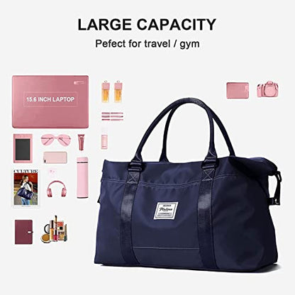 Dark Blue Sport Travel Duffle Bag Large Gym Tote Bags for Women, Weekender Carry on Bags for Airplane, Ladies Beach Overnight Waterproof Luggage Bags with Wet Pocket - color: Dark Blue