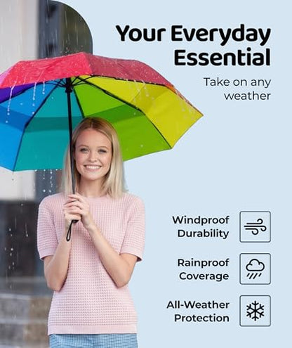 Repel Windproof Travel Umbrella - Compact & Withstands Winds up to 100MPH , Strongest Premium Auto Folding Umbrella for Rain and Sun - Durable, Light & Portable for Women & Men , Fits Backpack & Cars - color: Rainbow - Travel Umbrella (1 Pack)