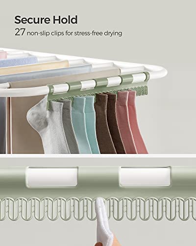 SONGMICS Clothes Drying Rack, Foldable 2-Level Laundry Drying Rack, Free-Standing Laundry Airer, with Height-Adjustable Wings, 33 Drying Rails, Sock Clips, White and Green ULLR053C01V1 - color: White + Green, size: 2 Tiers（22"d x 61.8"w x 64.3''h )