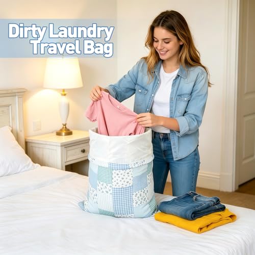 Laundry Bag, Dirty Backpack Laundry Bag For College Travel Laundromat Apartment, With Handles 29" X 18" (Blue Floral Plaid) - color: Blue Floral Plaid