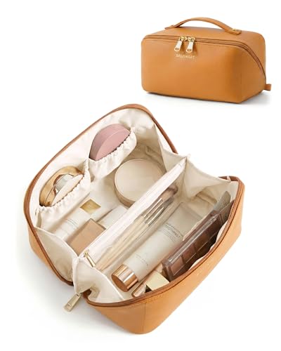 BAGSMART Makeup Bag Travel Cosmetic Bag, Large Make Up Bag Flat Open Toiletry Bag for Women, PU Leather Travel Essentials Organizer Case, Wide-open Pouch Purse for Skincare, Brushes, Ginger Yellow - color: 20- Ginger Yellow