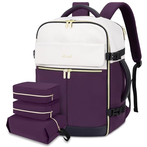 LOVEVOOK 40L Large Travel Backpack for Women, Flight Approved, Waterproof, TSA Compliant, Fits 17.3'' Laptop, 17 Pockets, 3 Packing Cubes - color: Beige-dark Purple-black, size: 40L-17.3 Inch-4Pcs