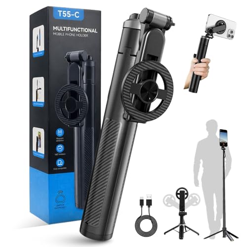 63'' Magnetic Phone Tripod Selfie Stick for iPhone, Aluminum Travel Cell Phone Tripod Stand with Strong Snap-On Holder & Rechargeable Remote for Video Recording, Vlogging & Content Creation - color: Blue / T55-C