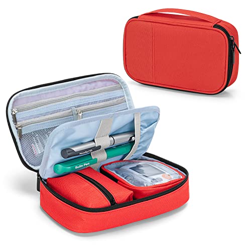 CURMIO Diabetic Supplies Bag for Glucose Meter, Medication, Insulin Pens and Other Diabetes Care Supplies, Diabetes Travel Organizer Case with Detachable Pouches, Red (Bag Only) - color: Red