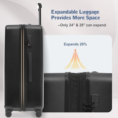 Merax Luggage Sets 5 Piece Front Open, Hardside 20" Carry On Suitcase Set with USB Port,Lightweight Expandable Travel 24" 28" Luggage with Bags TSA Locks Double Spinner Wheels,Black - color: Black-1, size: 3 piece(20front open+24+28+bags)