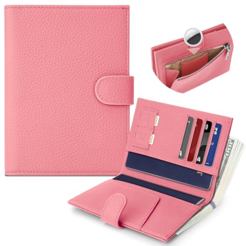 Genuine Leather Passport Holder for Women Men, Hidden Airtag Pocket, RFID Blocking, Zippered Coins Pocket & Cash Compartment Travel Gifts Essentials Passport Cover Case - Hot pink - color: Hot pink