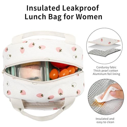 Lunch Bag Women Lunch Box for Women Adult Cute Insulated Lunch Bag Small Cooler Lunch Tote Bags for Work Picnic Travel (Beige-Light Strawberry) - color: Beige-Light Strawberry