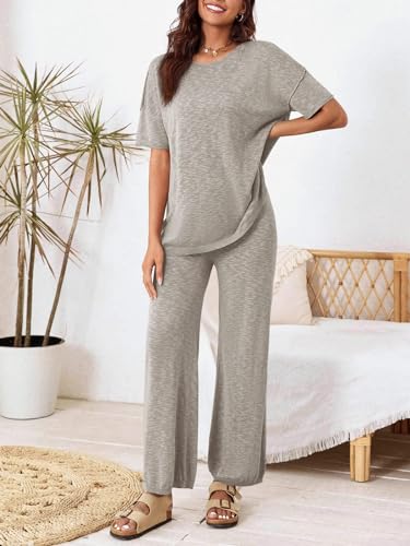 Tankaneo Women's 2 Piece Travel Outfits Casual Short Sleeve Knit Sweater Set Wide Leg Pants Lounge Sets Tracksuit - color: Khaki, size: Large