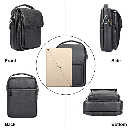 Augus Leather Small Messenger Bag For Men Crossbody Handbag Shoulder Sling Travel Bags for Men Purse Daypack Magnetic Buckle - color: Black