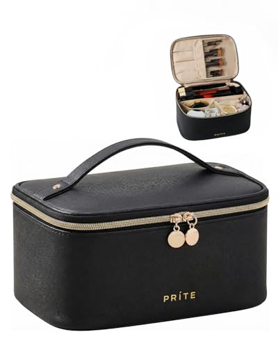Prite Makeup Bag, Large Capacity Cosmetic Bag for Women and Girls, Waterproof PU Leather Travel Makeup Case, Toiletry Organizer with Handle and Divider for Skincare and Brushes - Black - color: Black