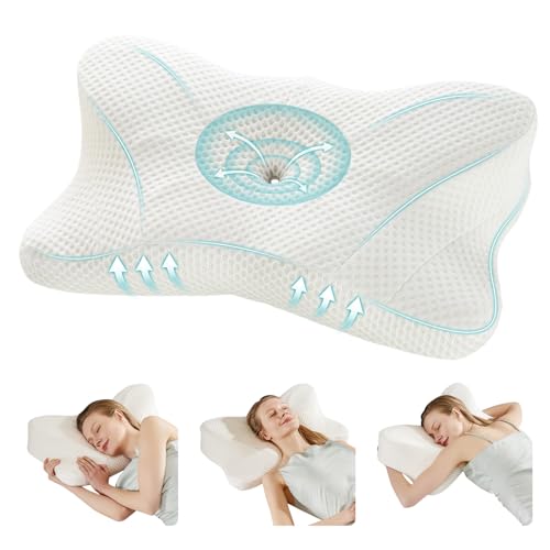 DUMOS Cervical Neck Pillow, Cooling Ergonomic Memory Foam Pillows for Neck Pain Relief with Breathable Pillowcase, Dual Height Orthopedic Support Contour Pillow for Side, Stomach Sleepers, White - color: Off-white, size: Queen Size 24.02"Lx13.78"Wx5.12"H