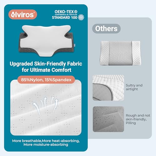 Elviros Cervical Neck Pillow for Sleeping, Memory Foam Pillow for Neck Pain Relief, Side Sleeper Cooling Pillows for Adults, Neck Support with Removable Pillowcase for Back & Stomach Sleepers - color: White, size: King Size 28Lx16.5Wx(4.45"-5.23")H