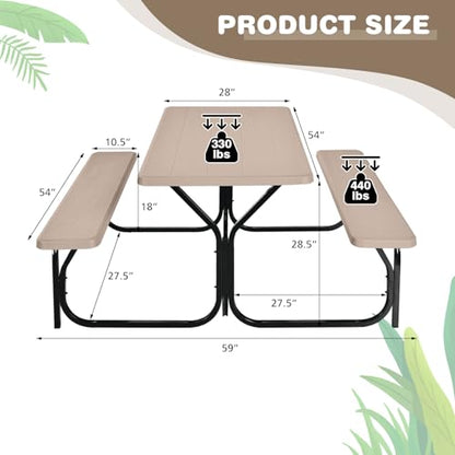 COSTWAY Outdoor Picnic Table, HDPE Plastic Picnic Table Bench Set with Weather Resistant Tabletop & Wood Texture, Ideal for Patio, Backyard (59" D x 54" W x 28.5" H,Brown) - color: Brown