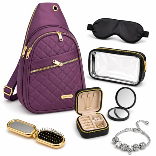 Travel Essentials Gift Set for Women – 7 Pc Travel Kit with Sling Bag, TSA Pouch, Jewelry Case & Sleep Mask - color: Amethyst Pop