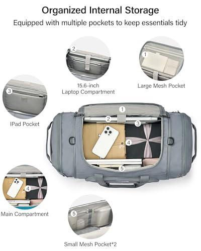 Hanke Expandable Carry On Luggage Bag,3 in 1 Duffle Bag for Travel,45L-55L Weekender Overnight Bag with 15.6" Compartment for Women & Men (Grey) - color: Grey