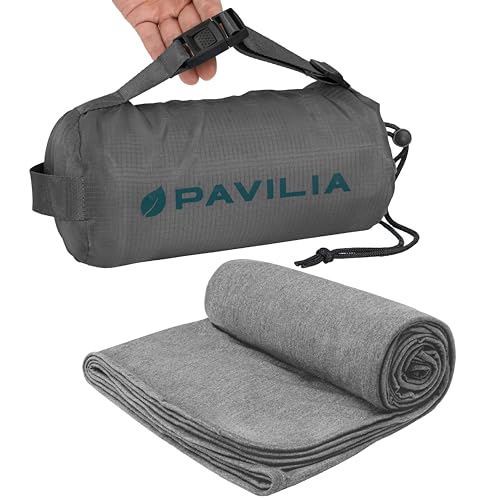 PAVILIA Travel Blanket Airplane Compact with Bag, Lightweight Soft Fleece Plane Blanket Long Flights, Camping Road Trips, Packable Travel Gift Essentials with Luggage Backpack Strap, 65x40, Gray - color: Gray