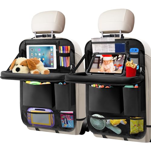 Car Backseat Organizer with Tablet Holder, 6 Storage Pockets Foldable Table Tray Seat Back Protectors Kick Mats Travel Accessories, 2 Pack Black - color: Black, size: 2Pack