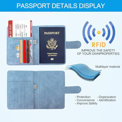 Passport Holders, RFID Blocking Credit Card Holder, PU Leather Vaccine Card Holders for Travel with Magnetic Buckle, Travel Must Haves Cruise Ship Essentials for Men, Women (Blue) - color: Blue