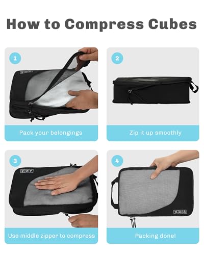 Hynes Eagle 6 Set/ 4 Set/ 2 Set Compression Packing Cubes Travel Essentials Lightweight Nylon Luggage Suitcase Organizer Bag Black 4PCS - color: Black-4 PCS