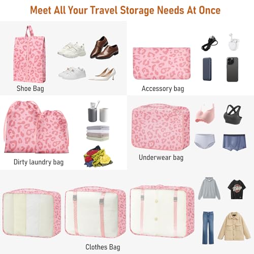 Packing Cubes for Travel - 8 Set Luggage Organizer Bags for Family, Mesh Breathable Packing Cubes for Suitcases Durable Travel Essentials Bags Set - color: Pink Leopard