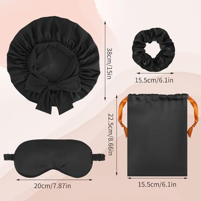 Satin Bonnet Set, Hair Bonnet for Sleeping Silk Bonnet with Eye Mask for Women Curly Hair - color: Black