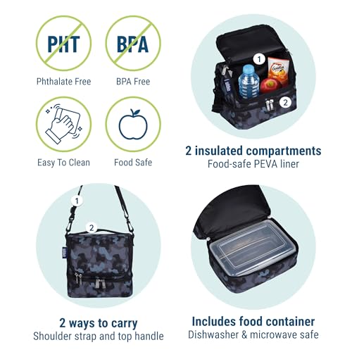 Wildkin Kids Two Compartment Insulated Lunch Bag – Keeps Food Hot or Cold, Easy-Clean Lining, Leak-Resistant & BPA-Free – Boys & Girls, Ideal for School, Travel & Daycare – Black Camo - color: Black Camo