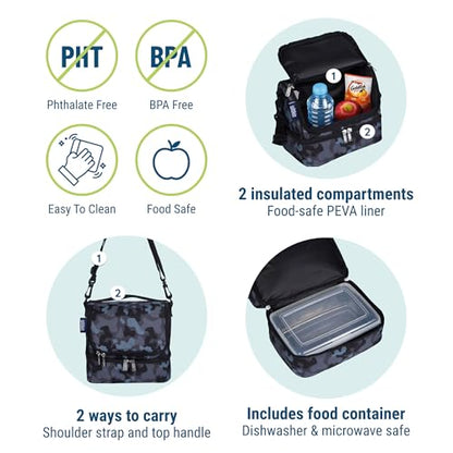 Wildkin Kids Two Compartment Insulated Lunch Bag – Keeps Food Hot or Cold, Easy-Clean Lining, Leak-Resistant & BPA-Free – Boys & Girls, Ideal for School, Travel & Daycare – Black Camo - color: Black Camo