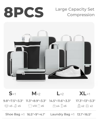 Percover Compression Packing Cubes for Travel, 8-Piece Structured Compression Organizer Set with Laundry Bag & Shoe Bag for Carry-On & Checked Luggage, Black - color: Black, size: 8 Set