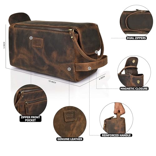 LEATHER VILLAGE Genuine Leather Travel Toiletry Bag - Water-Resistant Dopp Kit for Toiletries, Large Shaving Bag & Bathroom Organizer - Gift for Men & Women - Rustic Brown - color: Rustic Brown