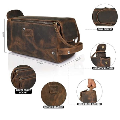 LEATHER VILLAGE Genuine Leather Travel Toiletry Bag - Water-Resistant Dopp Kit for Toiletries, Large Shaving Bag & Bathroom Organizer - Gift for Men & Women - Rustic Brown - color: Rustic Brown
