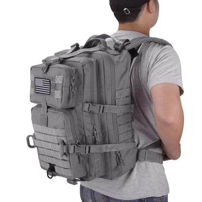 Hannibal Tactical MOLLE Assault Backpack, Tactical Backpack Military Army Camping Rucksack, 3-Day Pack Trip w/USA Flag Patch, D-Rings, Grey - color: Grey