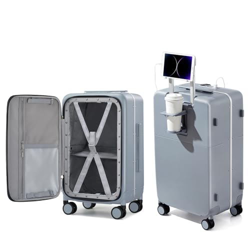 Hanke 20 Inch Carry On Luggage with Cup Holder and USB Charging Port, Top Opening Hard Shell Suitcase with Wheels, Aluminum Frame Trunk Luggage with TSA Lock & Dividers for Travel, Gray - color: Gray, size: 20 Inch
