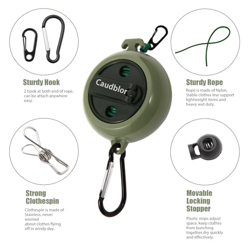 Portable Travel Clothesline Cord, Caudblor Adjustable 33ft Camping Clothes line, Laundry Drying Rope for Hotel Trip, Cruise, Outdoor/Indoor, with 12Pcs Stoppers, Windproof Clothespins - style: Deep Green