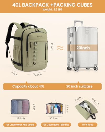 LOVEVOOK 40L Travel Backpack for Men Women, Waterproof Carry On Backpack for Work & Travel, Flight Approved Personal Item with 3 Packing Cubes, TSA Bag Fits 17.3" Laptop,Greyish green - color: Greyish Green, size: Large-40L-4Pcs