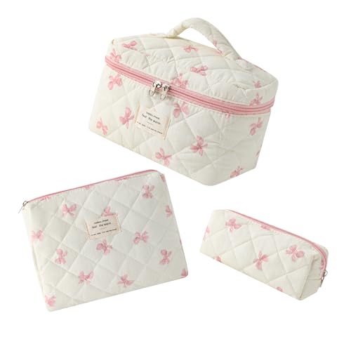 uekeboag Large Travel Quilted Makeup Bag for Women, Floral Cotton Cosmetic Bag, Coquette Aesthetic Floral Toiletry Organizer Bag - color: 3Pcs WhitePink Bow