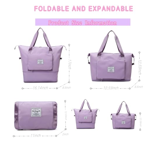 Large Capacity Foldable Travel Bag, Expandable lightweight Carry on Bag, Dry with Wet Separation Spor Duffel Bags (Purple) - color: Purple
