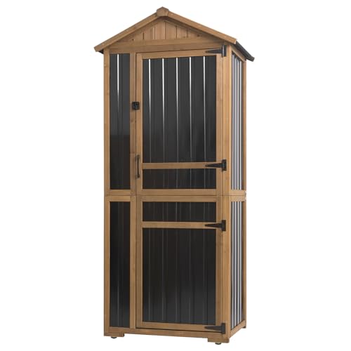 Ketive Outdoor Storage Cabinet 70 Inch, Wooden Vertical Garden Tool Storage Shed with Adjustable Shelves, Waterproof Roof, Lockable Doors, Small Backyard Utility Cabinet for Patio Garage - color: Black, size: 29" x 21" x 75"