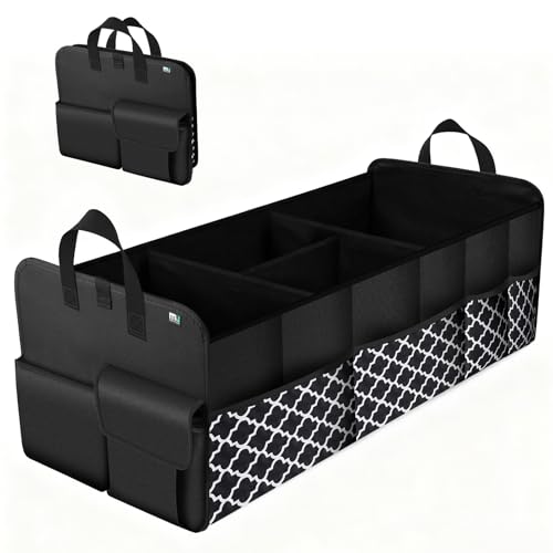 MIU COLOR Trunk Organizer for SUV, Car Organizer, Collapsible Trunk Organizer for Car, Non-Slip Storage Organizer for Sedans, Van, Jeep, Grocery, Large 4 Compartments, Black Grid 32"×13"×12" - color: Black&White Gird, size: Large+Pockets