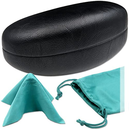 MyEyeglassCase® Large Hard Sunglasses Case | fits Large curved Sunglasses, with microfiber bag and cleaning cloth - color: Smooth Black