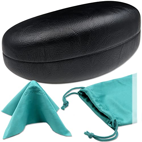MyEyeglassCase® Large Hard Sunglasses Case | fits Large curved Sunglasses, with microfiber bag and cleaning cloth - color: Smooth Black