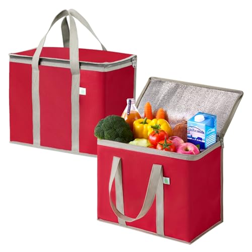 VENO 2 Pack Cooler Bag and Insulated Grocery Bags for Food Delivery, Collapsible Cooler, Reusable Shopping Bags for Groceries with Zipper, Foldable, Heavy-Duty, Stands Upright (Red, 2 Pack) - color: Red, size: 2 Pack