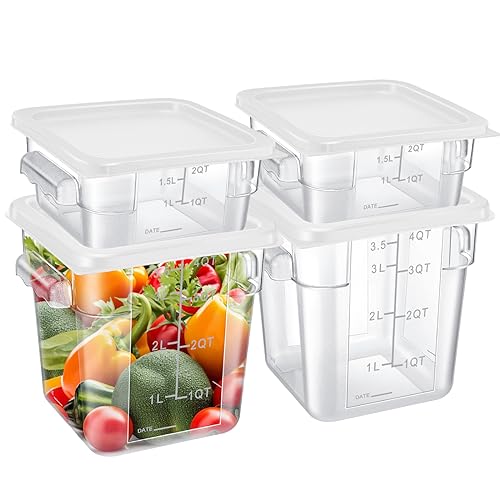Barydat 4 Pcs Square Food Storage Containers with Lids Measurement Scales, 2qt & 4qt Clear Plastic Stackable Containers for Dough Proofing Baking Kitchen Restaurant and Pantry Organization(White) - color: White