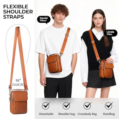 Augus Leather Small Messenger Bag For Men Crossbody Handbag Shoulder Sling Travel Bags for Men Purse Daypack Magnetic Buckle - color: Light Brown