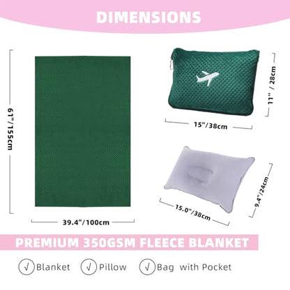 3 in 1 Travel Blanket Pillow Set - 350 GSM Thick Travel Blanket Airplane Compact with Bag, Soft Bag with a Pocket, Inflatable Travel Pillow for Camping & Car Trip (Dark Green) - color: Dark Green