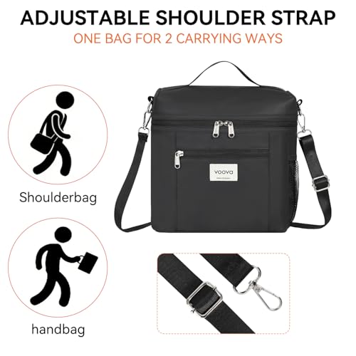 Voova Lunch Bag for Men and Women, Insulated Lunch Box with Shoulder Strap, Adult Reusable Lightweight Nylon Waterproof Lunchbox Lunch bags for Work, Black - color: Black